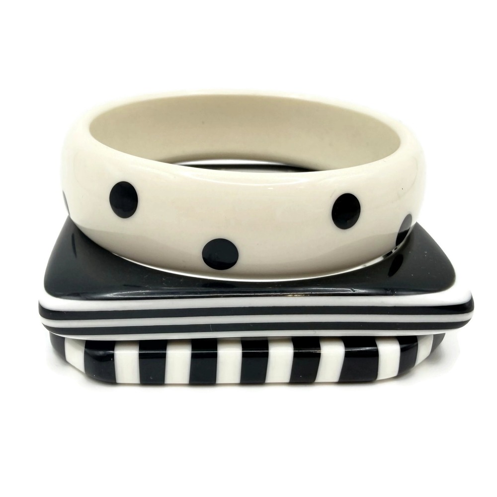 Vintage Bangle Bracelet Set of 3 Petite Stack Black White Polka Dot Striped Mod